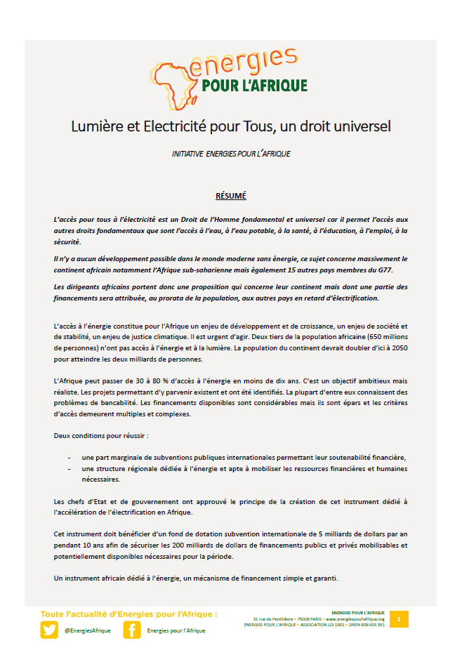 Résumé de l'initiative : Lumière et Electricité pour tous, un droit universel 